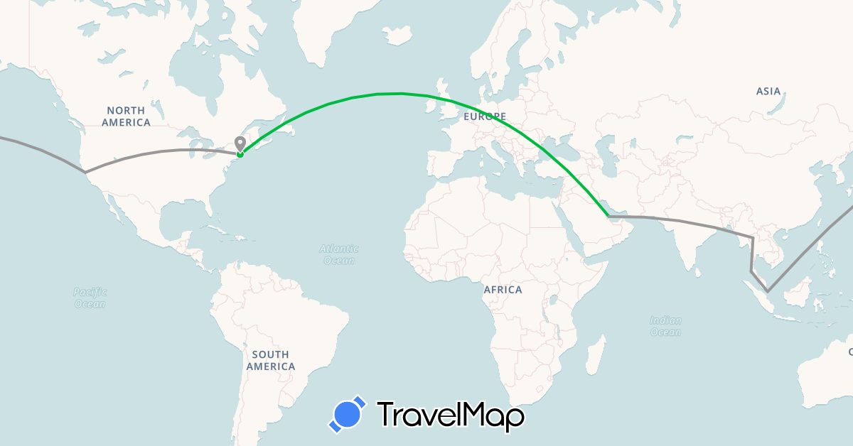 TravelMap itinerary: driving, bus, plane in Qatar, Singapore, Thailand, United States (Asia, North America)